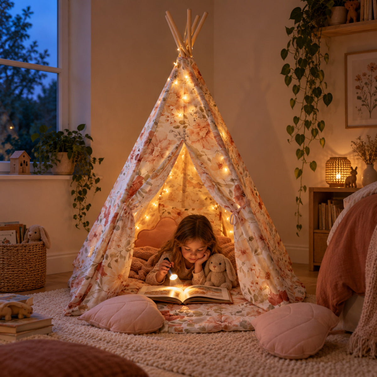 Child hiding inside the Flower Power kids teepee