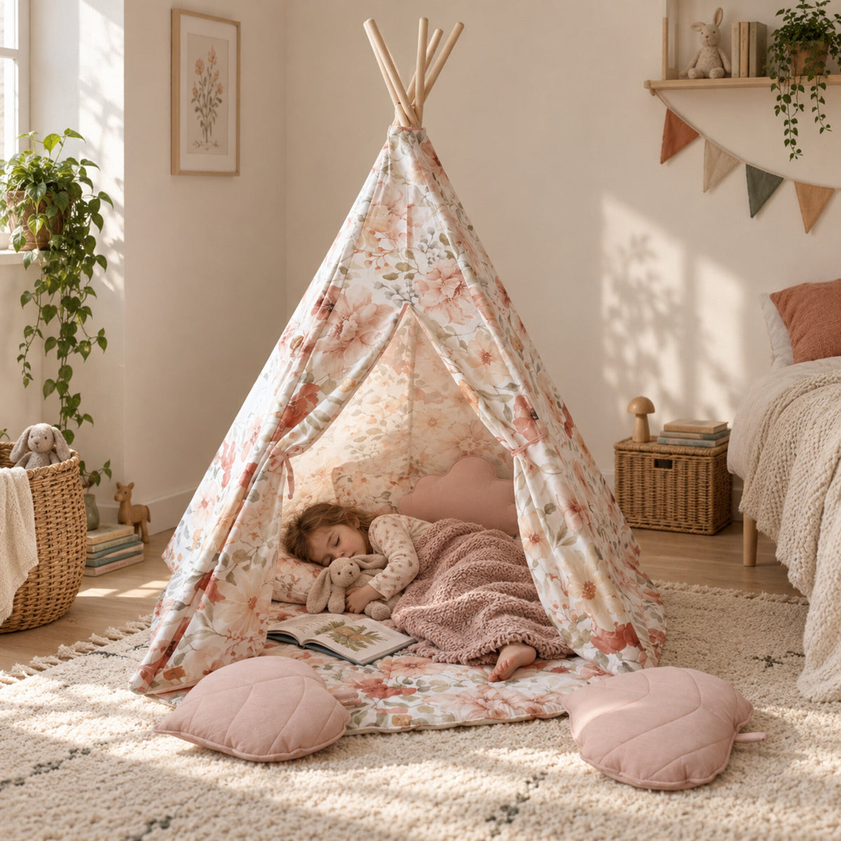 Child resting inside the Flower Power kids teepee