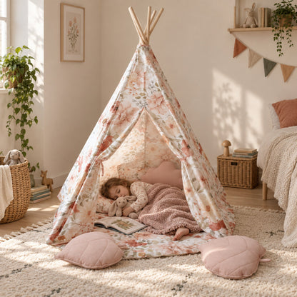 Child resting inside the Flower Power kids teepee
