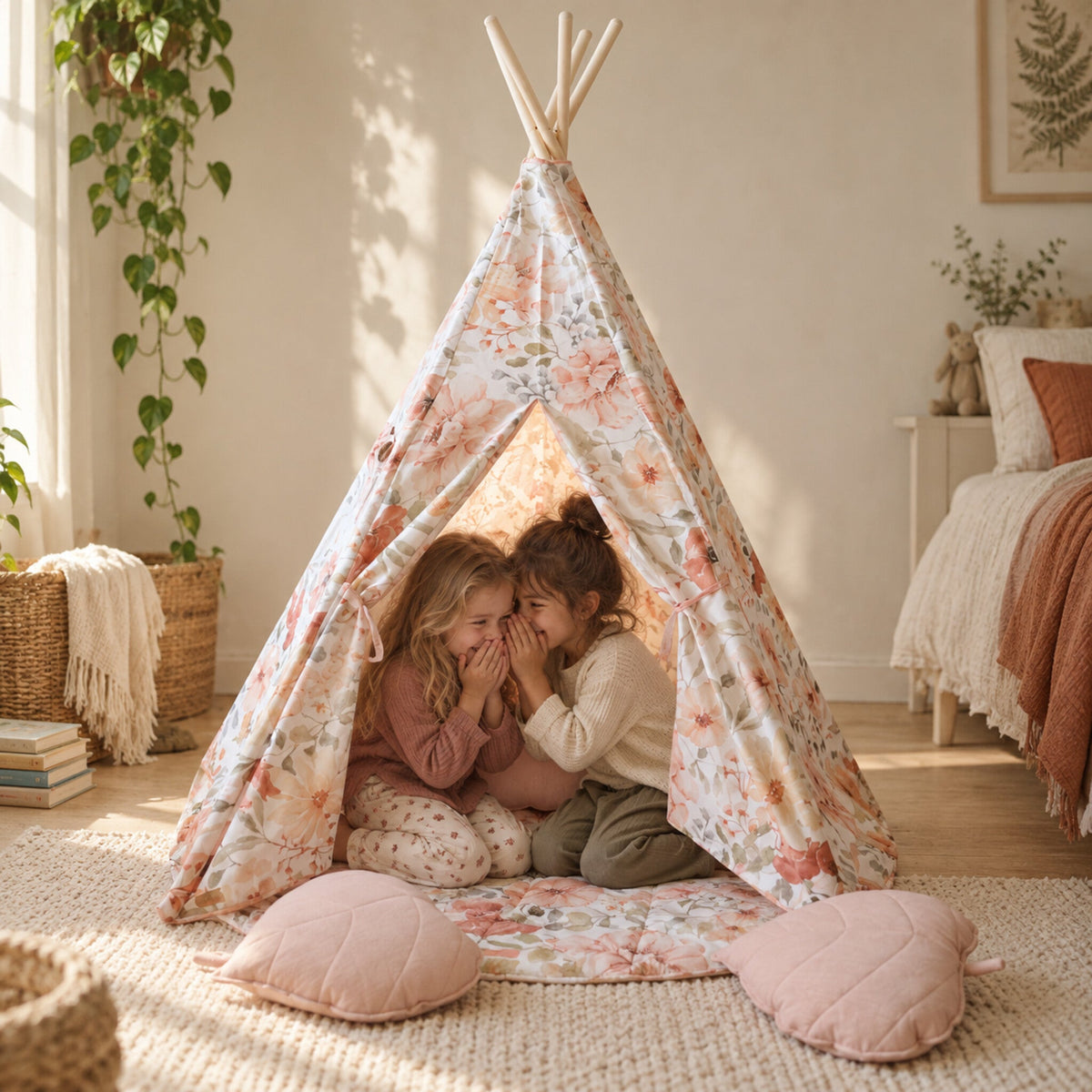 Two children sharing a secret inside the Flower Power kids teepee