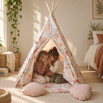Two children sharing a secret inside the Flower Power kids teepee