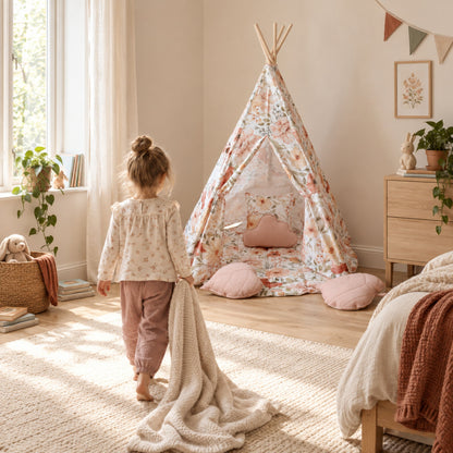 Child walking towards the Flower Power kids teepee