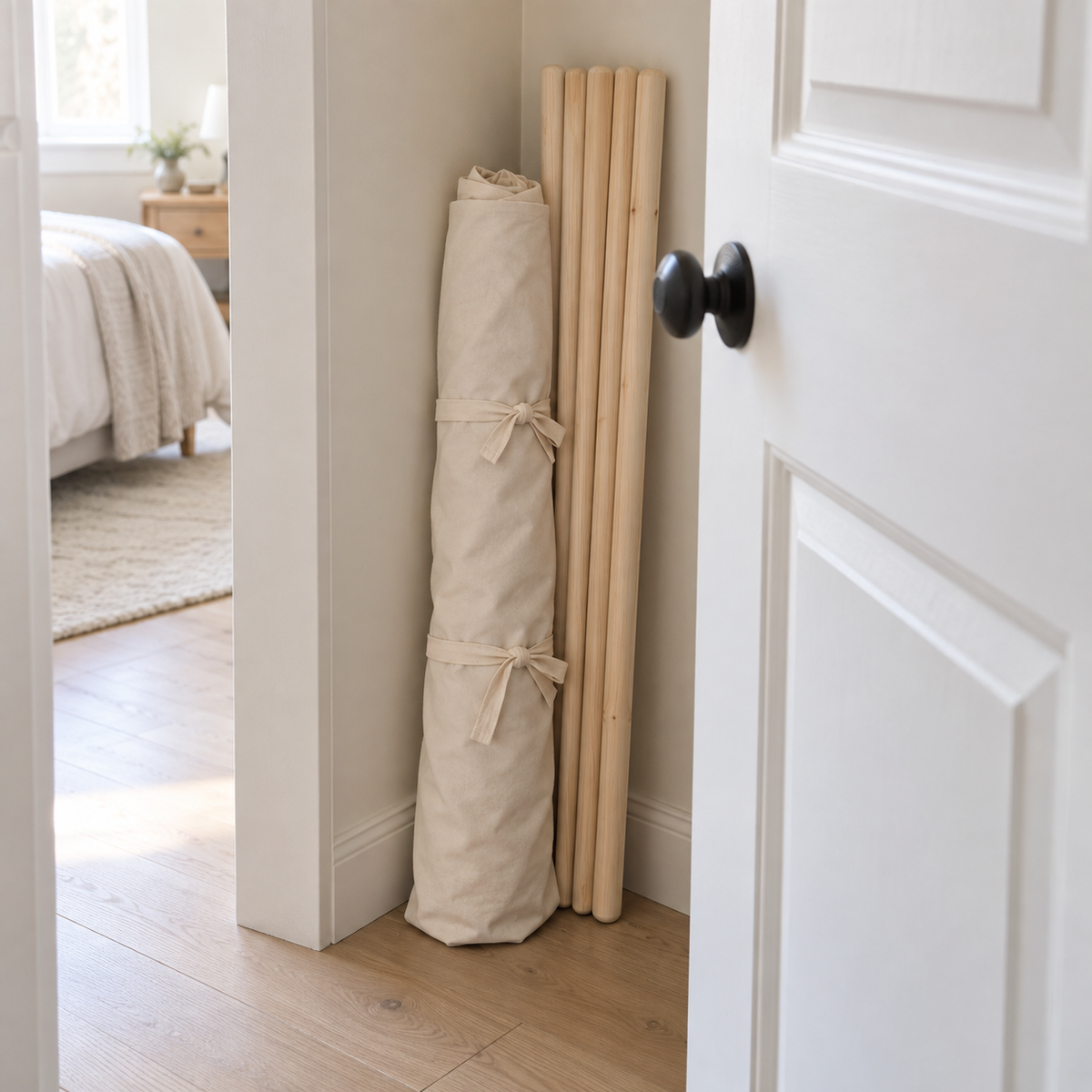 The teepee folded flat and leaning behind a bedroom door
