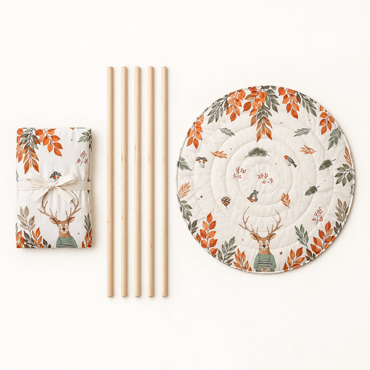 What comes in the box: folded canvas, five pine poles and the round padded mat