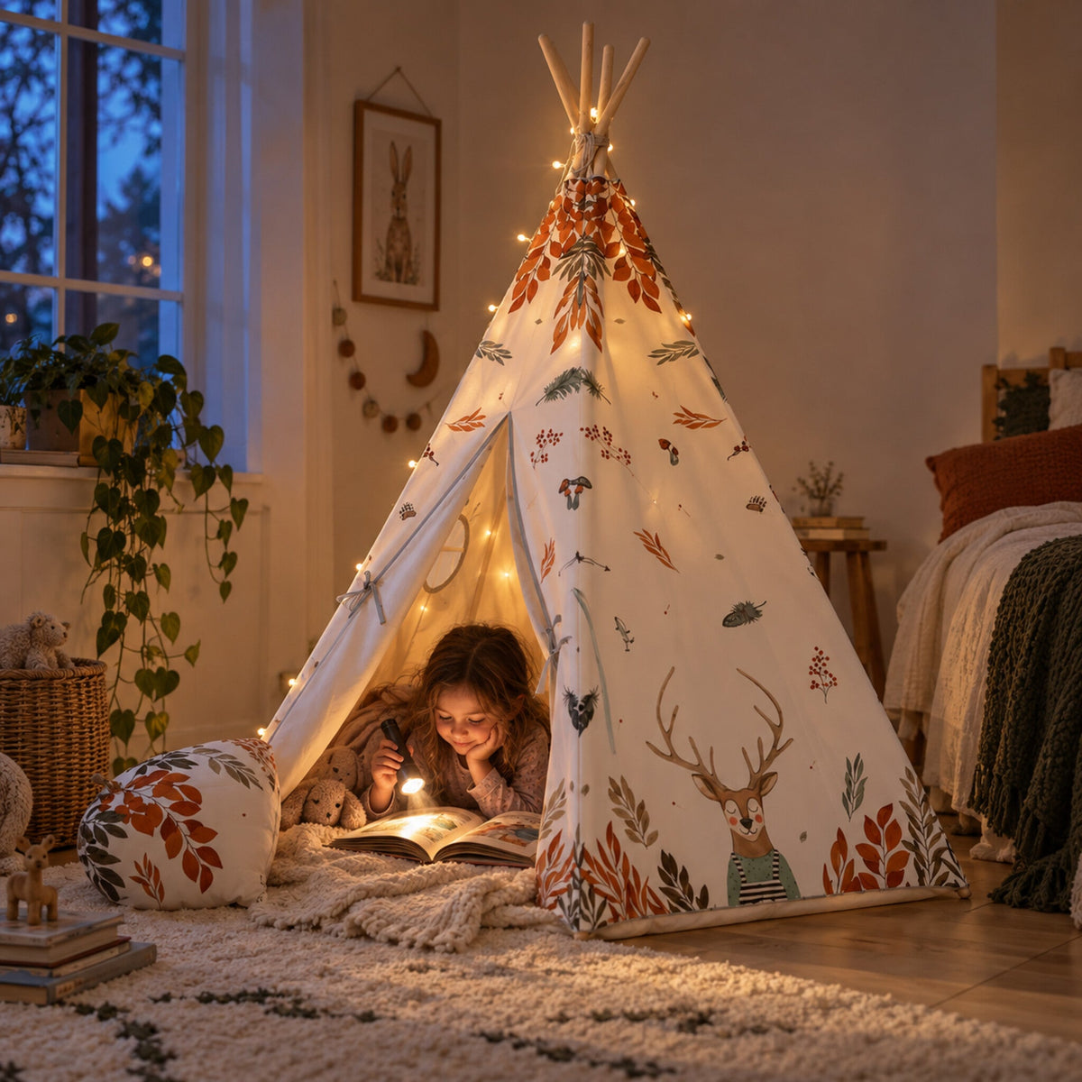 Child hiding inside the Forest Friends kids teepee