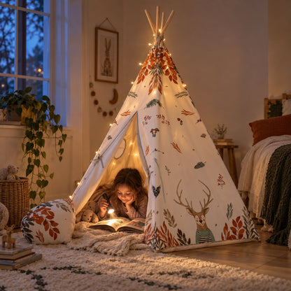 Child hiding inside the Forest Friends kids teepee