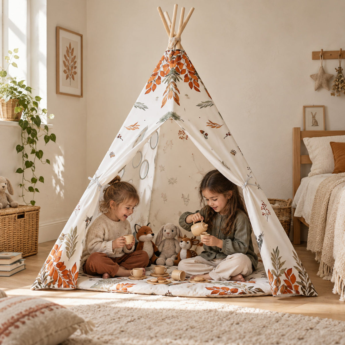 Children playing inside the Forest Friends kids teepee