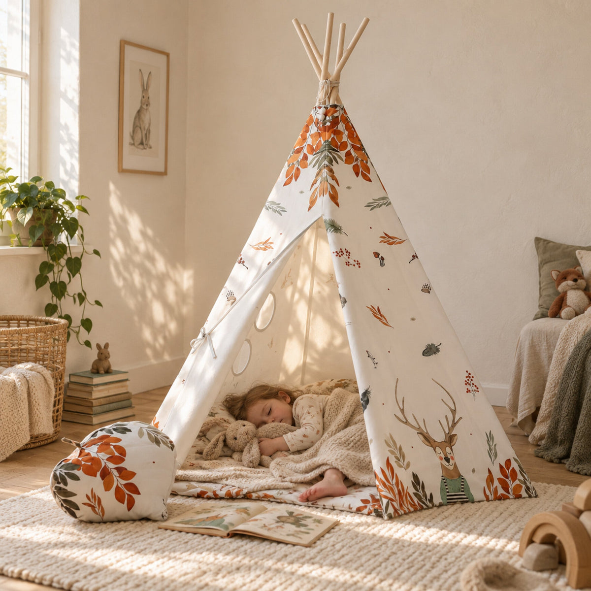Child resting inside the Forest Friends kids teepee