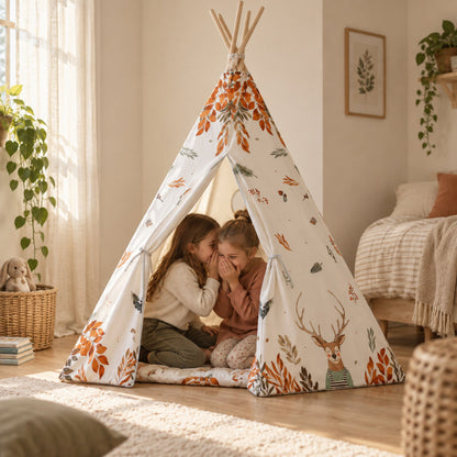 Two children sharing a secret inside the Forest Friends kids teepee