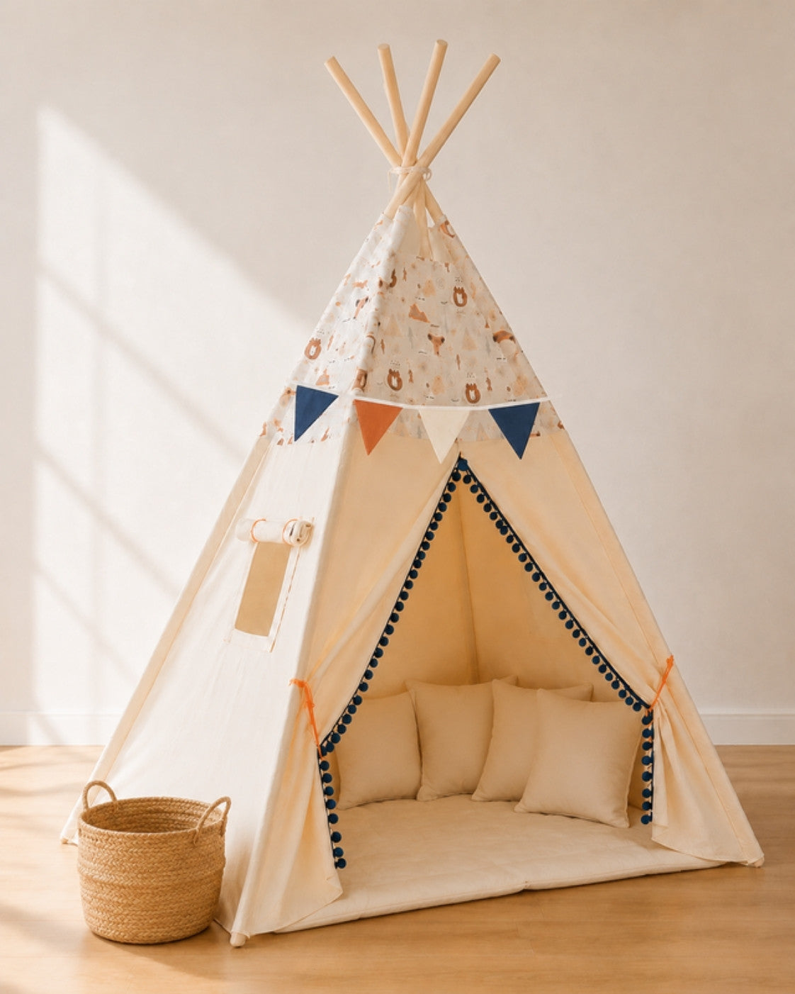 Fox & Bear Kids Teepee – Full den set with mat, cushions, bunting and storage basket
