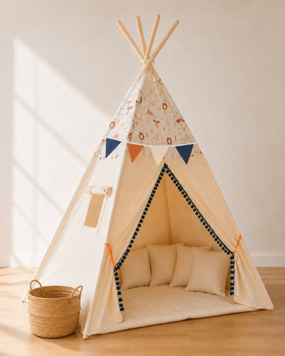 Fox & Bear Kids Teepee – Full den set with mat, cushions, bunting and storage basket