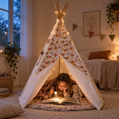 Child hiding inside the Green Garden kids teepee