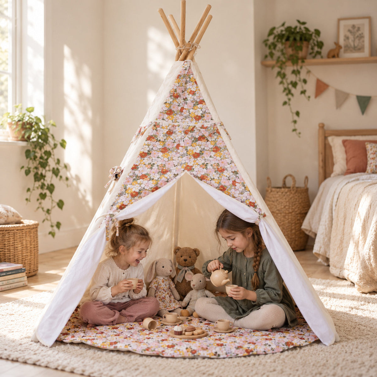 Children playing inside the Green Garden kids teepee