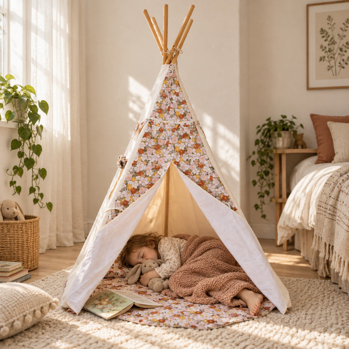 Child resting inside the Green Garden kids teepee