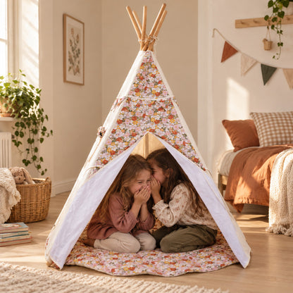 Two children sharing a secret inside the Green Garden kids teepee