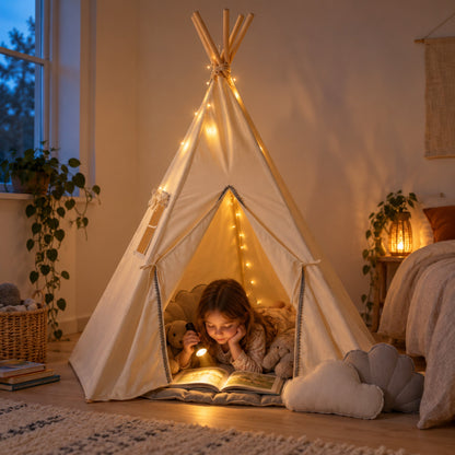 Child hiding inside the Grey Pompom kids teepee