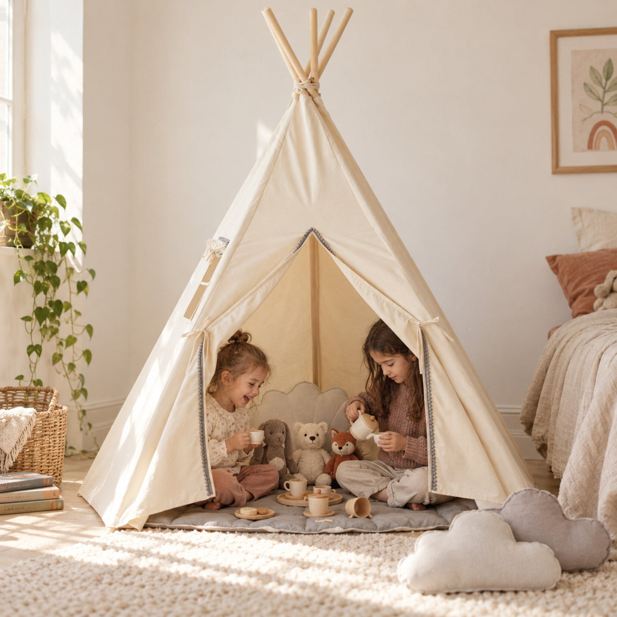 Children playing inside the Grey Pompom kids teepee