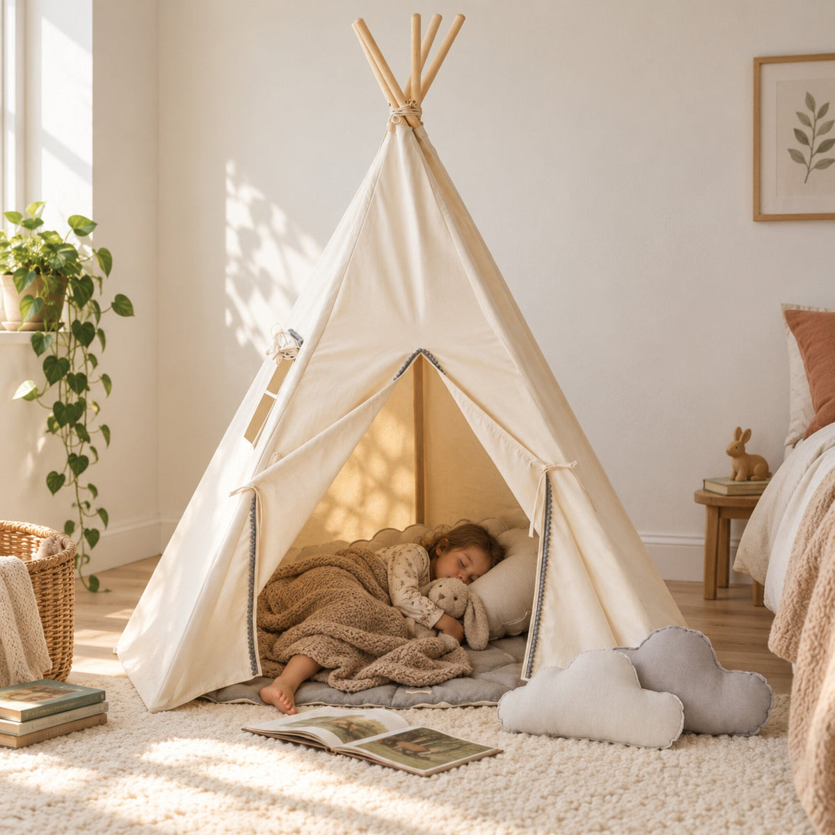 Child resting inside the Grey Pompom kids teepee