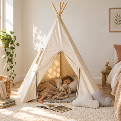 Child resting inside the Grey Pompom kids teepee