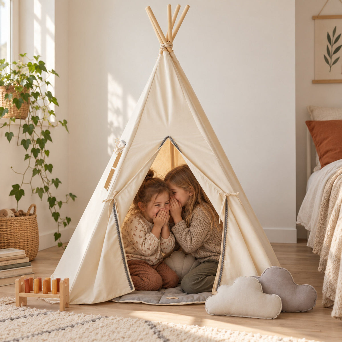 Two children sharing a secret inside the Grey Pompom kids teepee