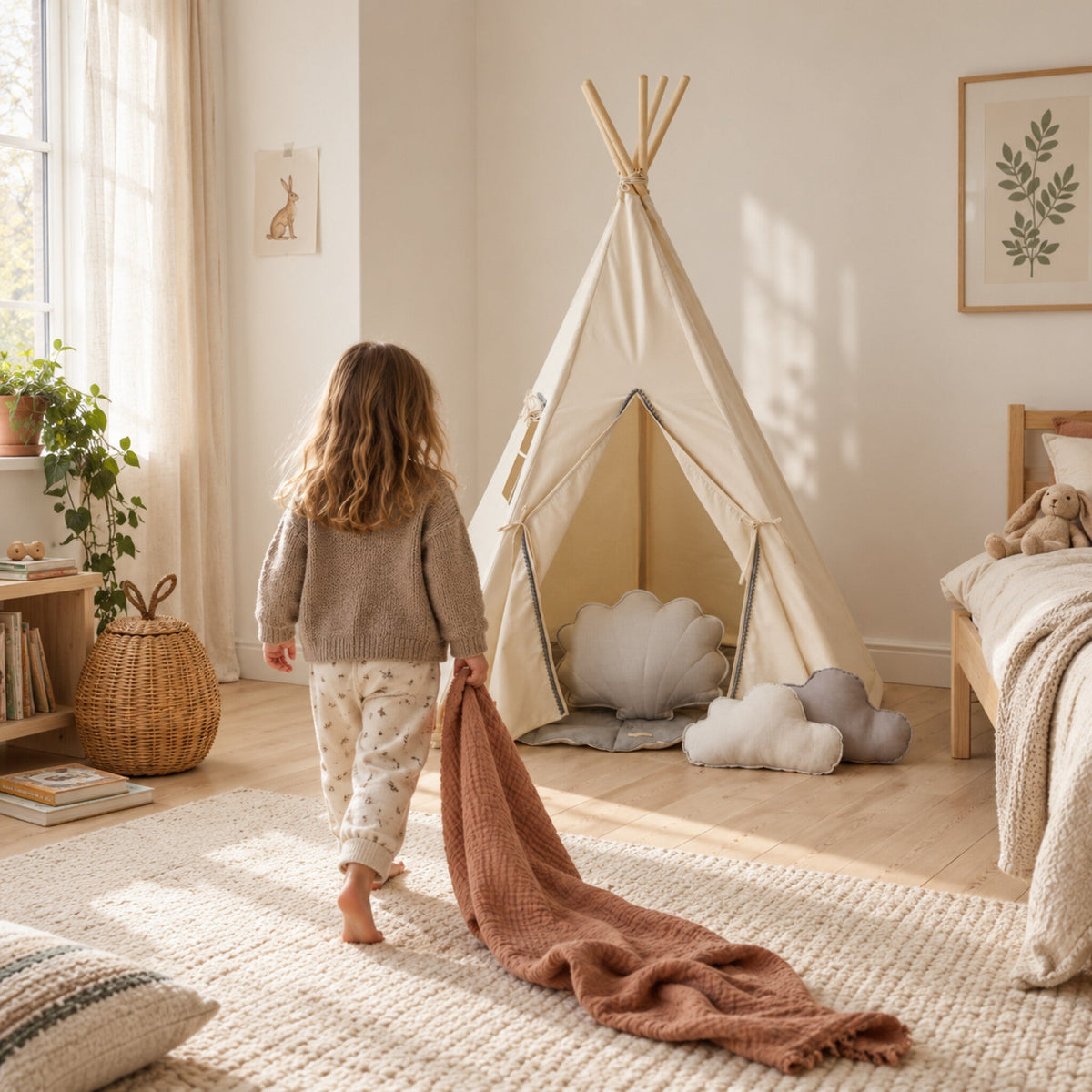 Child walking towards the Grey Pompom kids teepee
