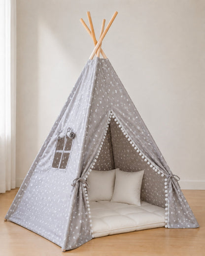 Grey Star Print Kids Teepee – Cosy set with padded mat and two cushions