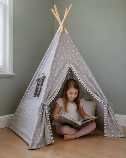 Grey Star Print Kids Teepee – in a child's bedroom