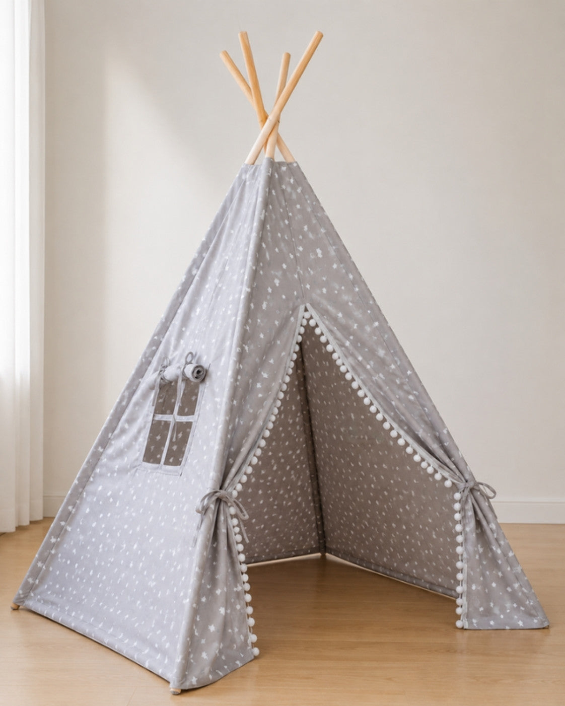 Grey Star Print Kids Teepee — cotton canvas kids teepee tent on solid pine poles