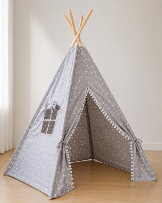 Grey Star Print Kids Teepee — cotton canvas kids teepee tent on solid pine poles