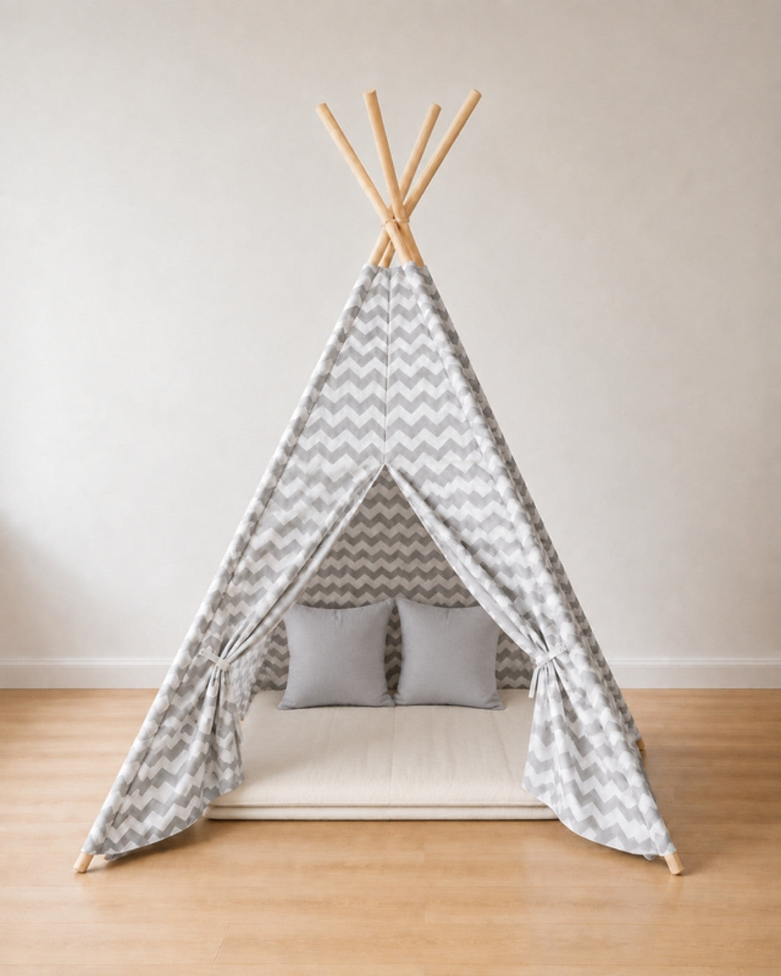 Grey Striped Kids Teepee – Cosy set with padded mat and two cushions