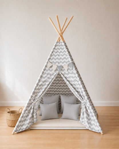 Grey Striped Kids Teepee – Full den set with mat, cushions, bunting and storage basket