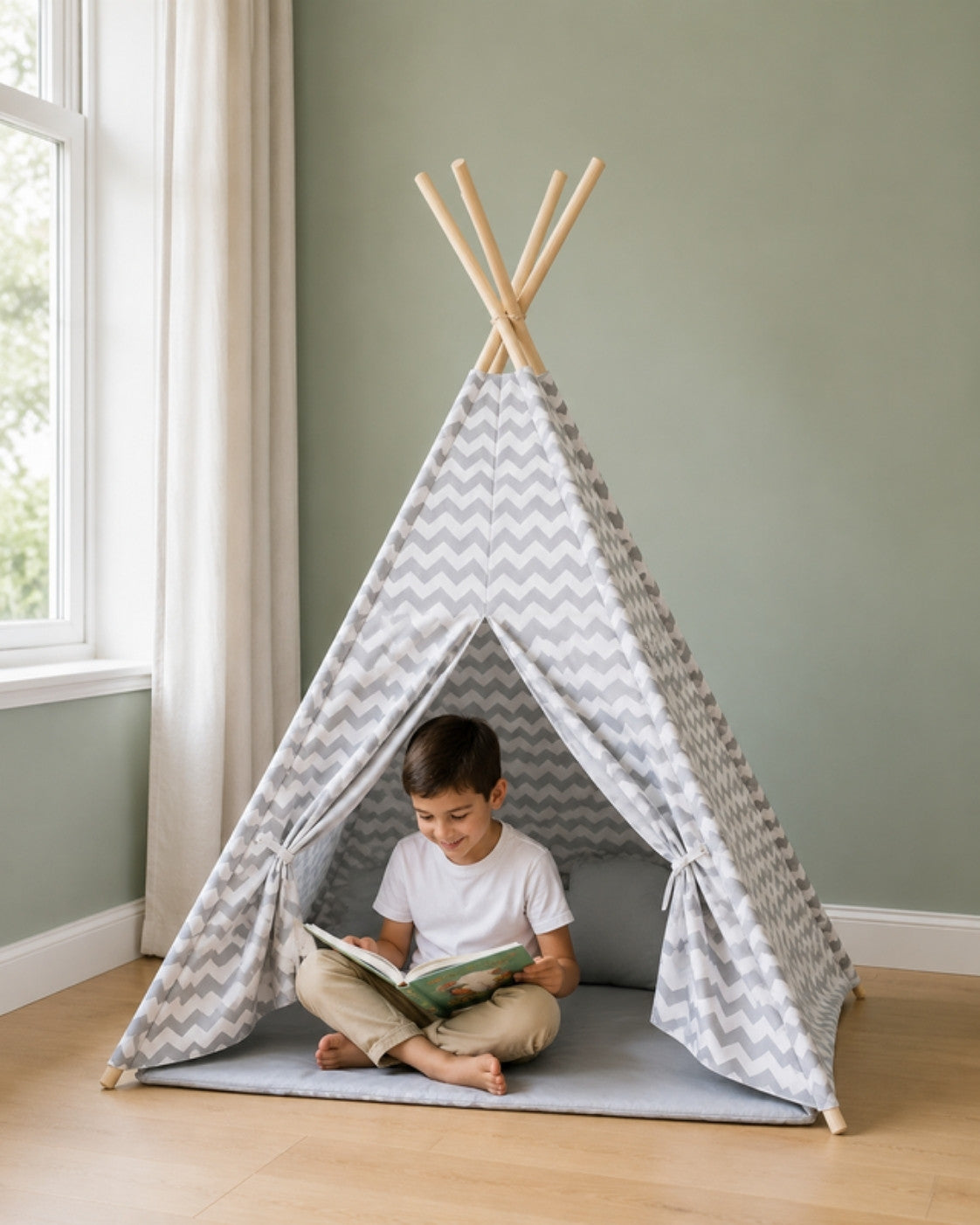 Grey Striped Kids Teepee – in a child's bedroom