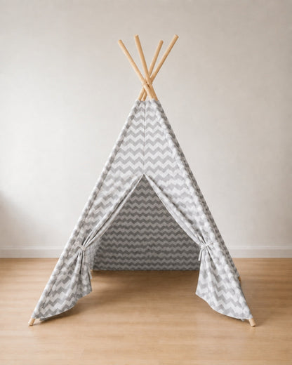 Grey Striped Kids Teepee — cotton canvas kids teepee tent on solid pine poles