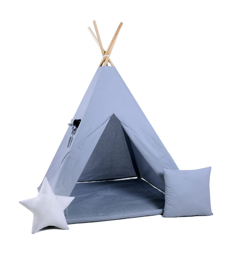 Mist Blue Kids Teepee – supplier photograph of the blue-grey cotton canvas and pine frame