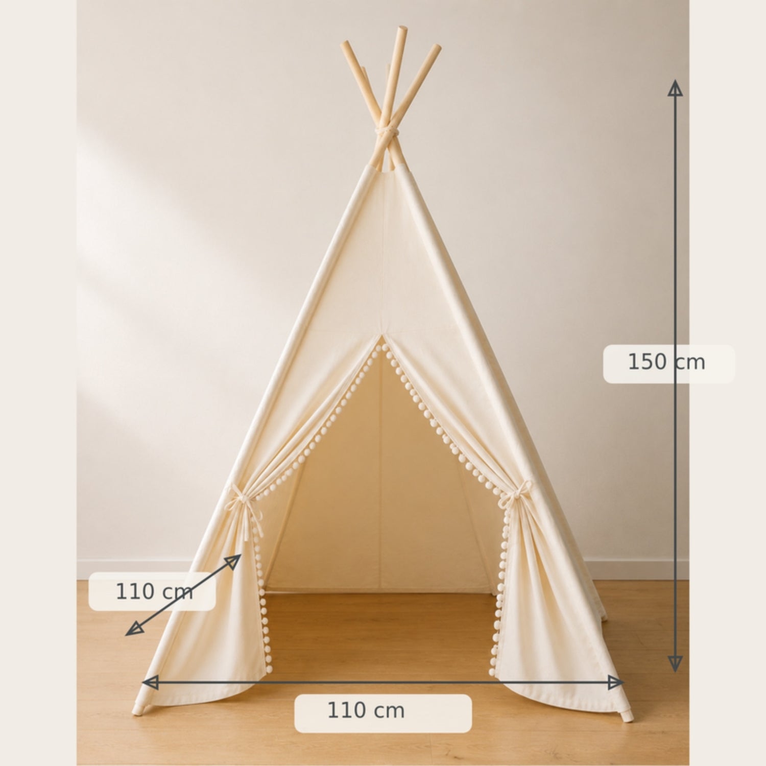 Kids teepee dimensions – 110 × 110 cm floor, 150 cm high
