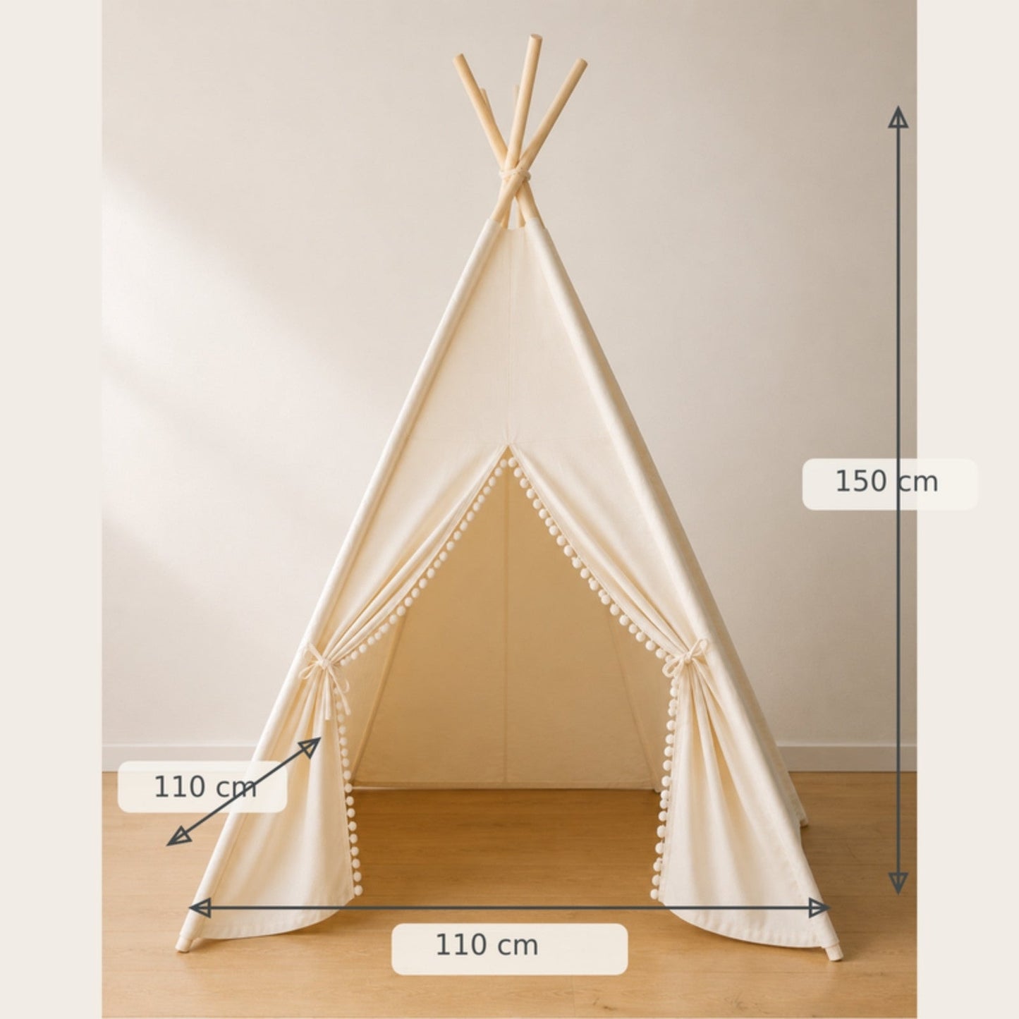 Kids teepee dimensions – 110 × 110 cm floor, 150 cm high