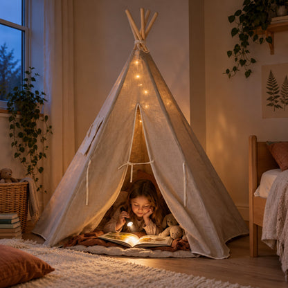 Child hiding inside the Natural Linen kids teepee