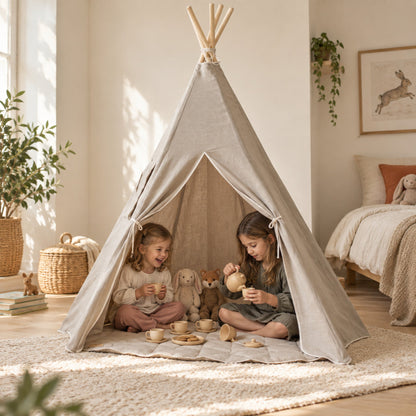 Children playing inside the Natural Linen kids teepee
