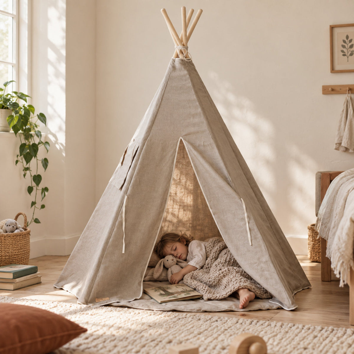 Child resting inside the Natural Linen kids teepee