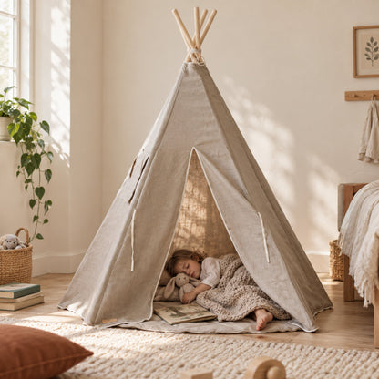 Child resting inside the Natural Linen kids teepee