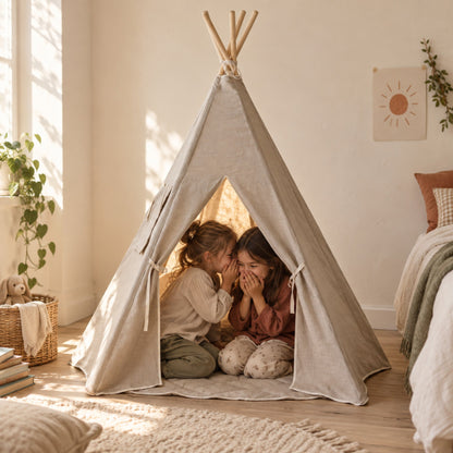 Two children sharing a secret inside the Natural Linen kids teepee