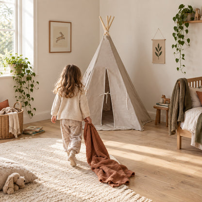 Child walking towards the Natural Linen kids teepee