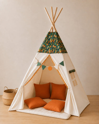 Nature Motif Kids Teepee – Full den set with mat, cushions, bunting and storage basket