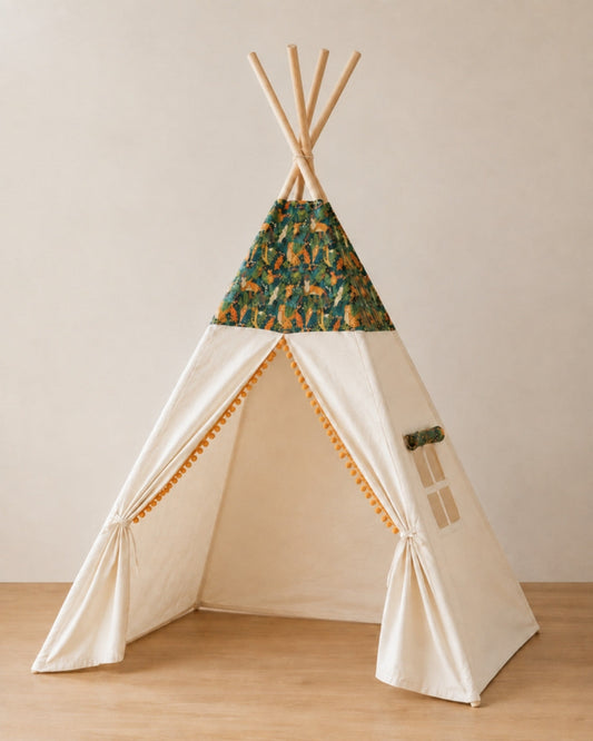 Nature Motif Kids Teepee — cotton canvas kids teepee tent on solid pine poles