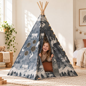 Night Sky navy kids teepee set up in a child's bedroom
