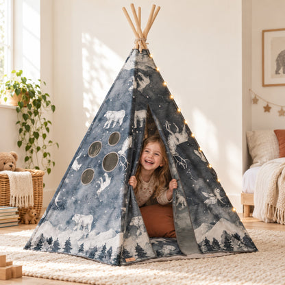 Night Sky navy kids teepee set up in a child's bedroom