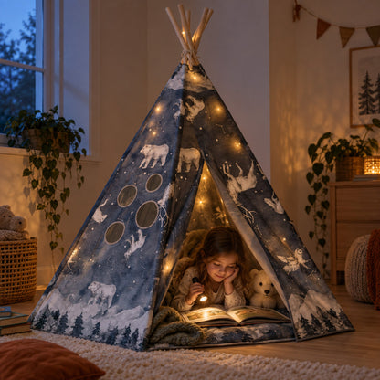 Child hiding inside the Night Sky kids teepee