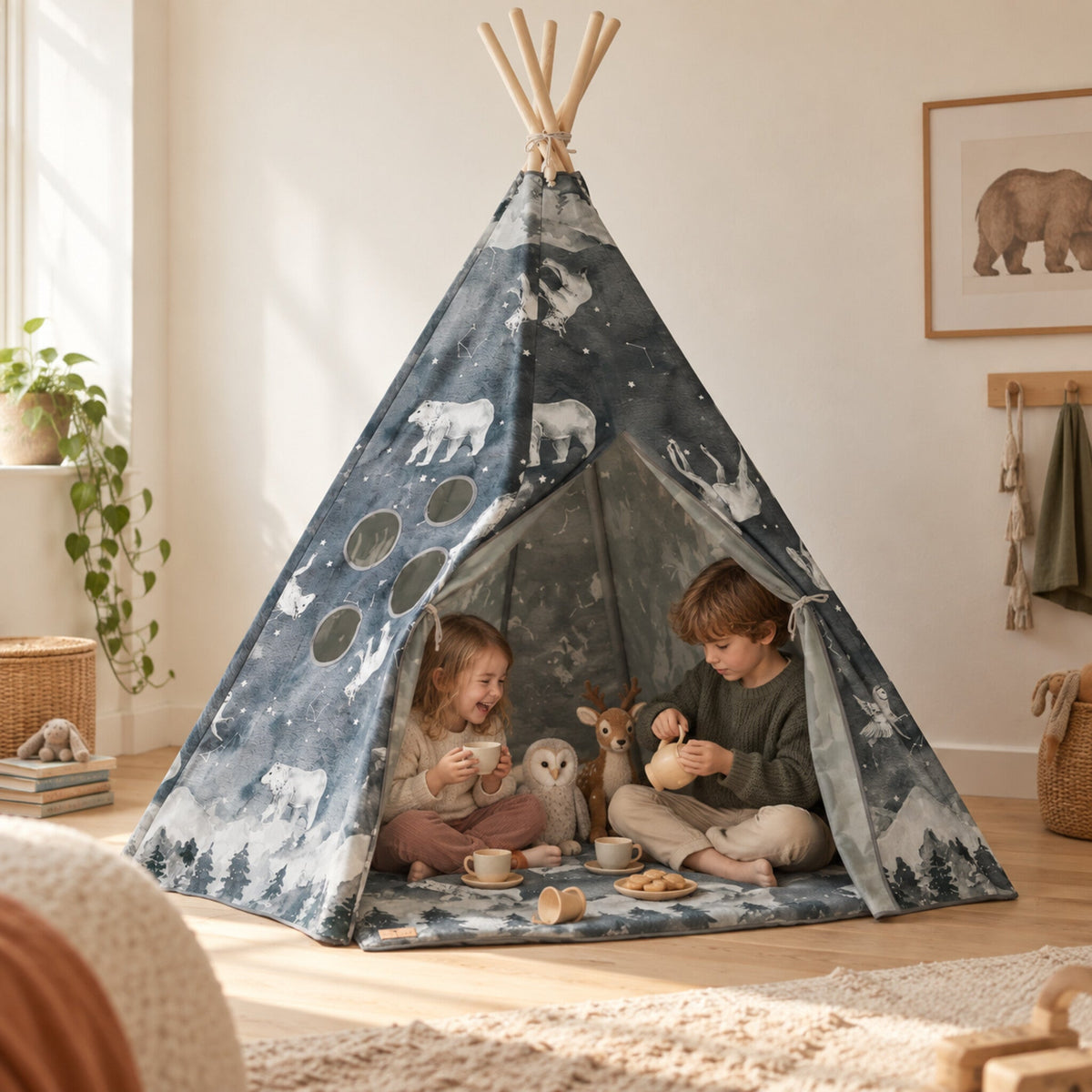 Children playing inside the Night Sky kids teepee