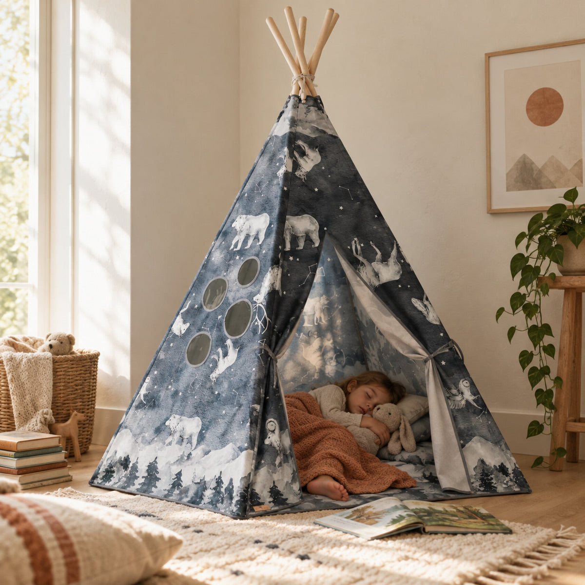 Child resting inside the Night Sky kids teepee