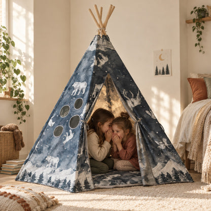 Two children sharing a secret inside the Night Sky kids teepee